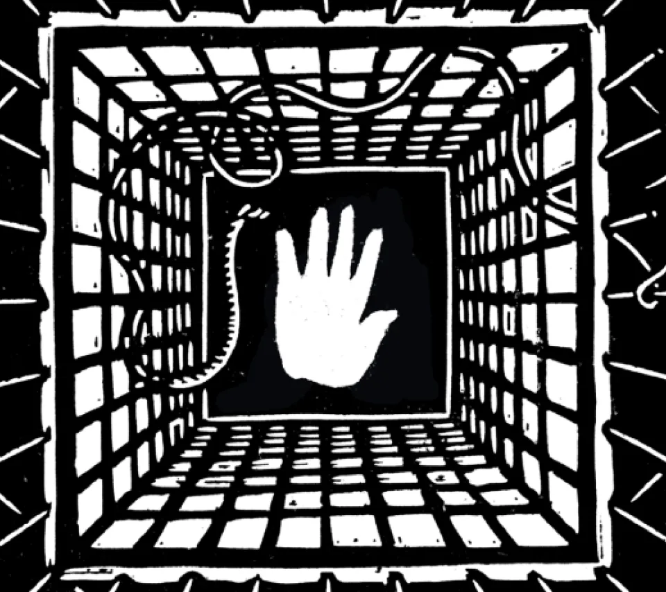 Linogravure représentant une main au centre d'une cage, barreaux, barbelés et serpent